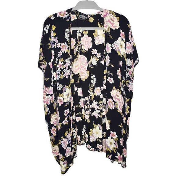 Angie Womens Black Floral Pattern Open Front Flowy Oversized Rayon Kimono Small - Picture 2 of 7